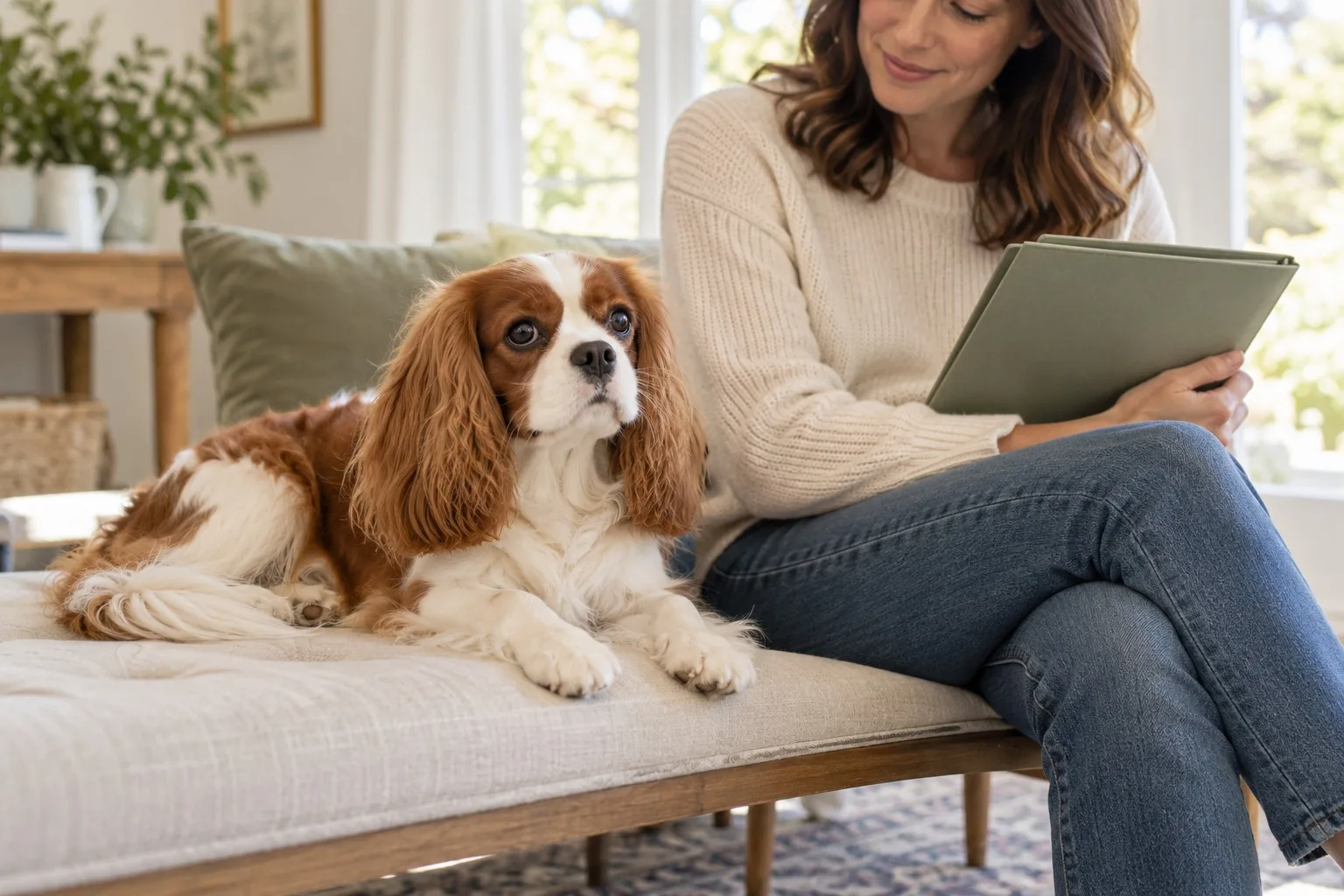 A long-eared dog beside an owner reading a tablet on a sofa